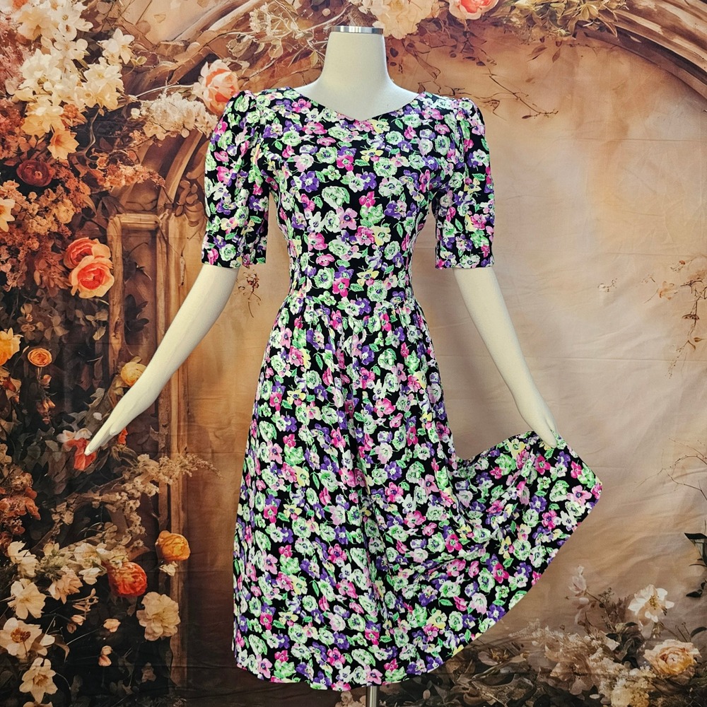 Vintage 1970s Lanz Originals Floral Midi Dress Cutout Back Jewel Toned Floral